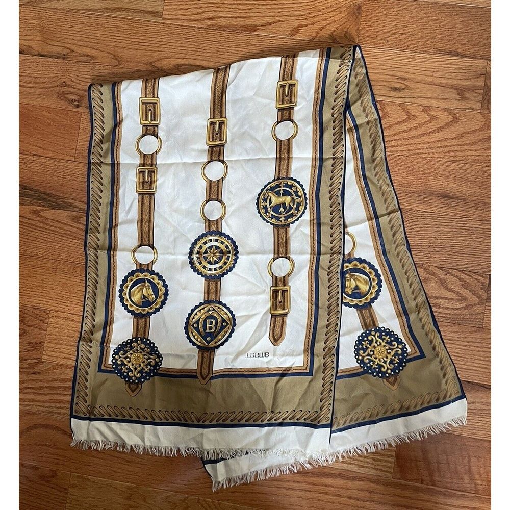 Vintage LOEWE Silk Fringe Scarf Hand Rolled Cream 51x17"